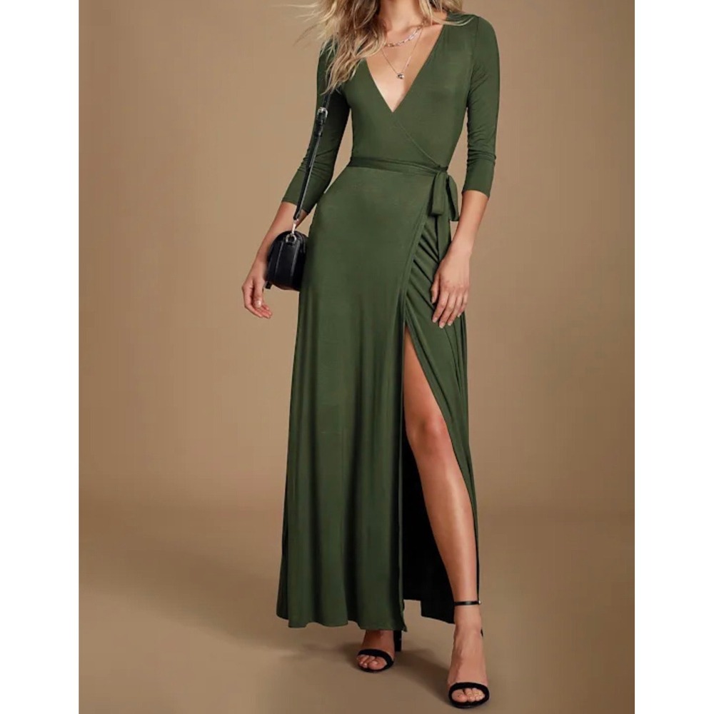 Lulus Garden District Olive Green Wrap Maxi Dress 3/4 Sleeve V-Neck Small NWT